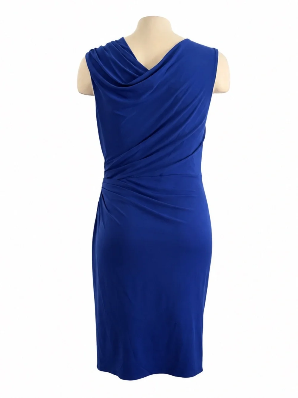 MAGGY LONDON BLUE RUCHED NECK FITTED DRESS SZ 8 - Picture 3 of 3